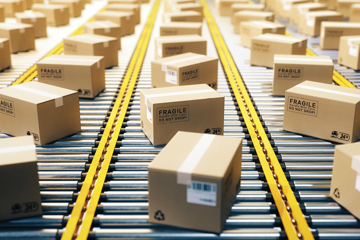 Packages being transported on a roller conveyor
