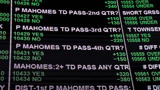 An interior view of last year&rsquo;s Super Bowl betting odds video board and prop bets at the Westgate Superbook sports book in Las Vegas. 
