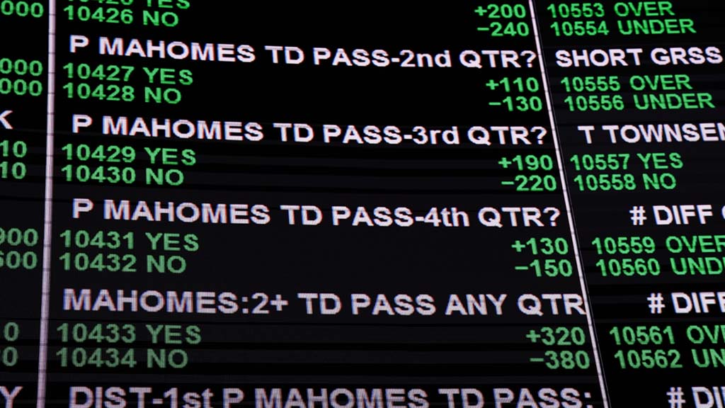 An interior view of last year&rsquo;s Super Bowl betting odds video board and prop bets at the Westgate Superbook sports book in Las Vegas. 