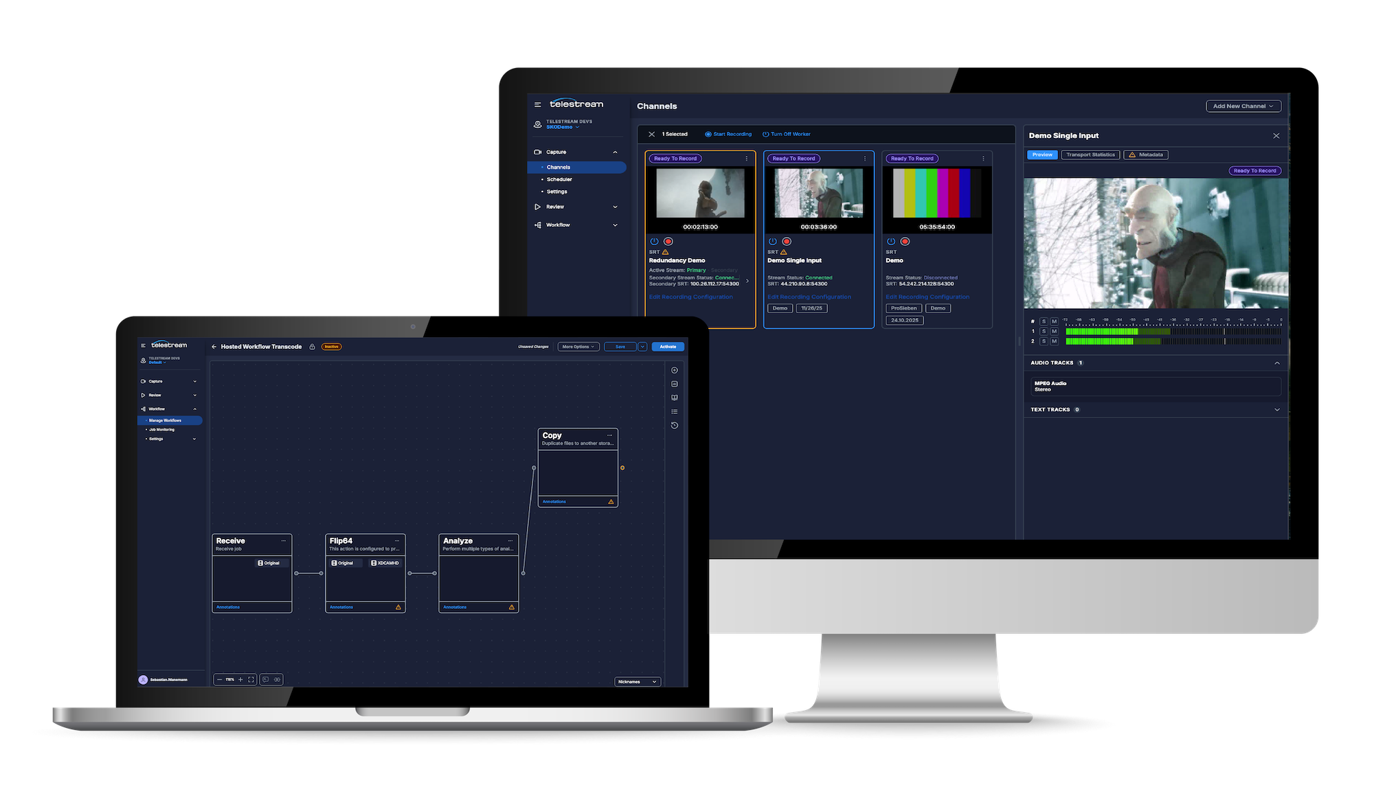 User interface of Telestream's UP on a laptop and a computer screen